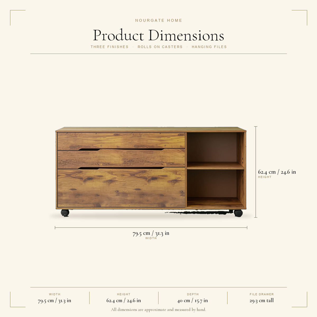 Product dimensions — 3-Drawer Mobile File Cabinet with Open Shelves
