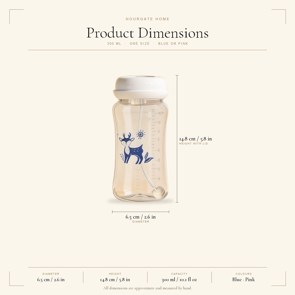 Product dimensions — 3-in-1 Hands-Free Baby Bottle with Long Tube