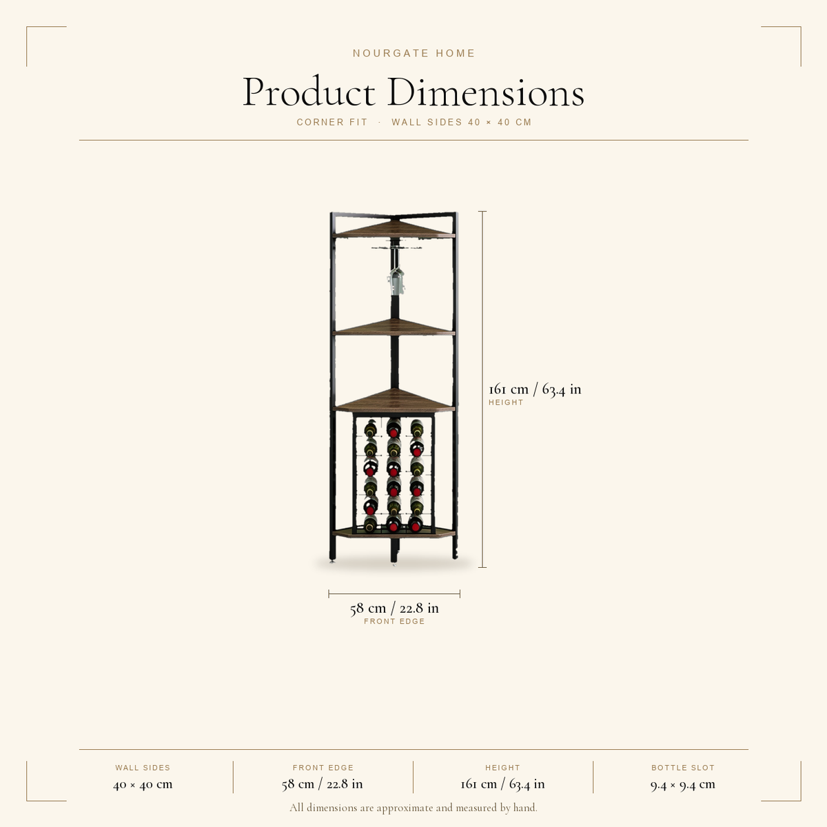 Product dimensions — 4-Tier Corner Wine Rack with Glass Holder