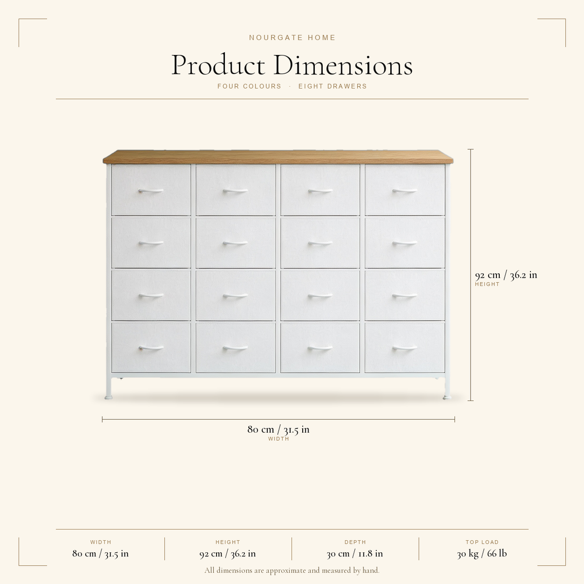 Product dimensions — 8-Drawer Fabric Dresser with Wood Top