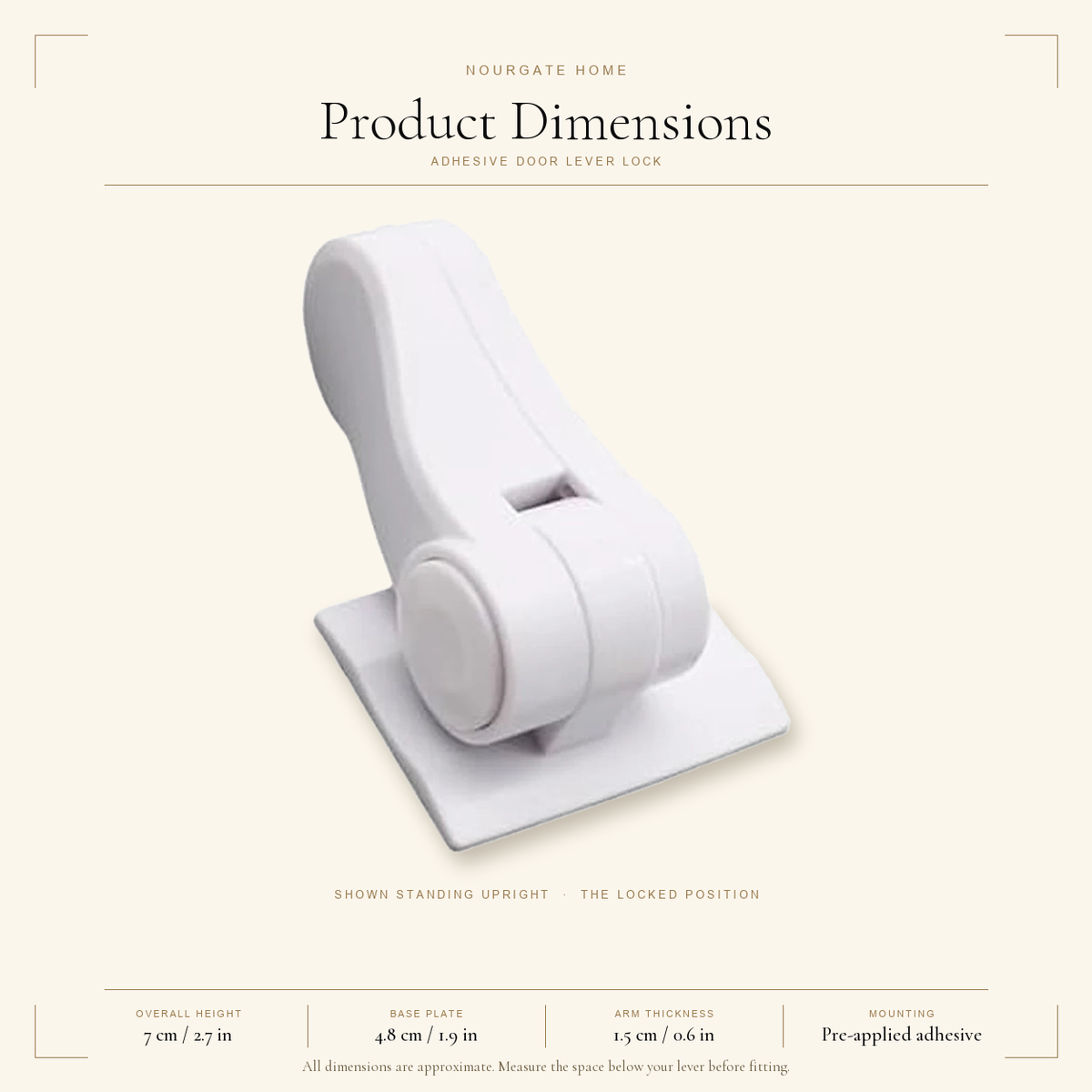 Product dimensions diagram — Adhesive Child-Proof Door Lever Lock