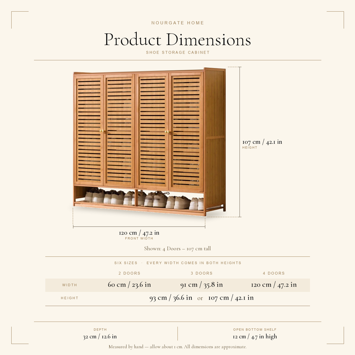 Product dimensions diagram — Bamboo-Frame Shoe Storage Cabinet with Slotted Doors
