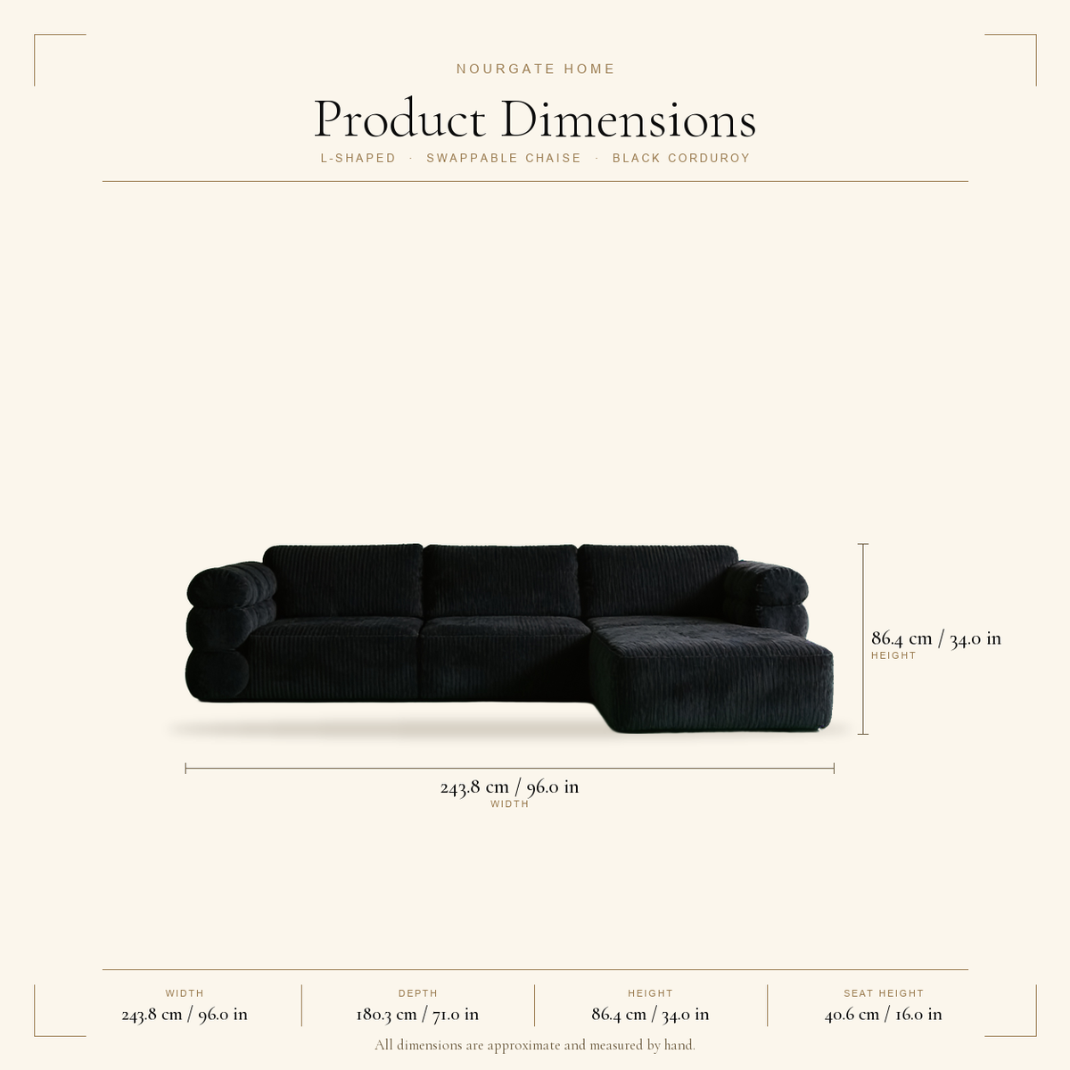 Product dimensions — Black Corduroy L-Shaped Boneless Couch