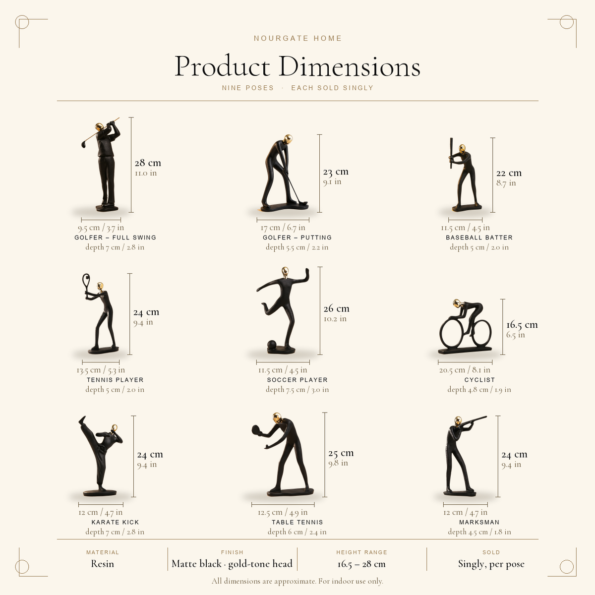 Product dimensions diagram — Black & Gold Sports Figurine