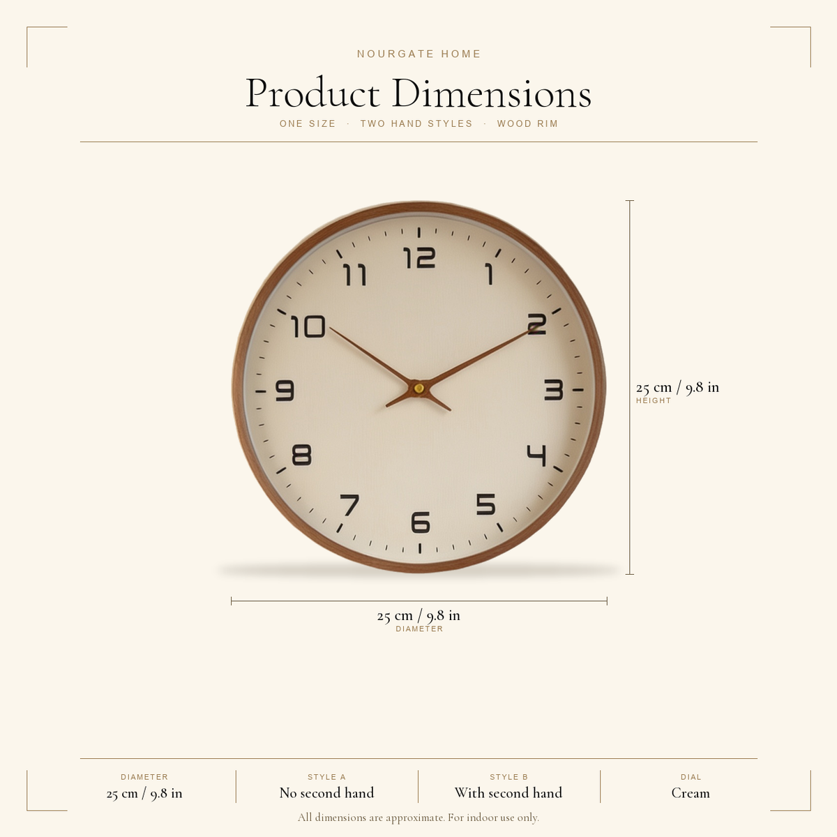 Product dimensions diagram — Cream Dial Wooden Wall Clock