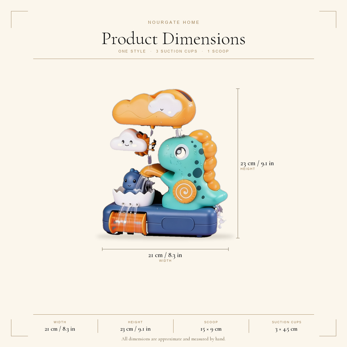 Product dimensions — Dinosaur Waterfall Bath Toy with Suction Cups