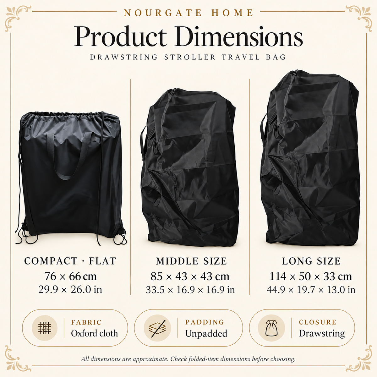 Nourgate Home dimensions diagram for compact, middle and long black drawstring stroller travel bags