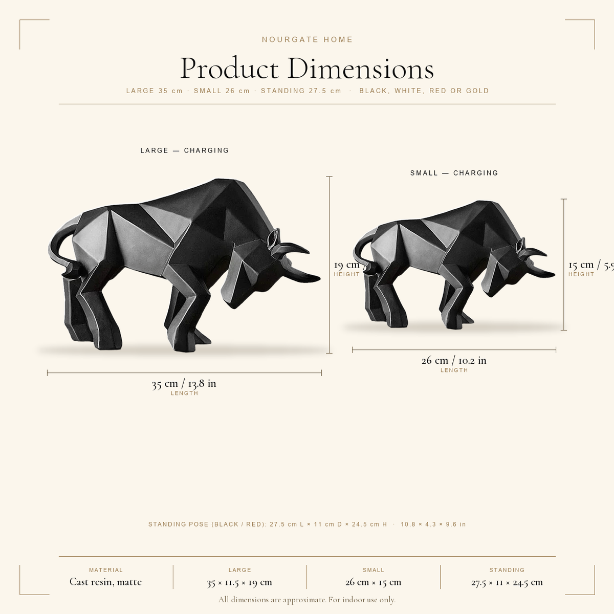 Product dimensions diagram — Faceted Geometric Bull Statue