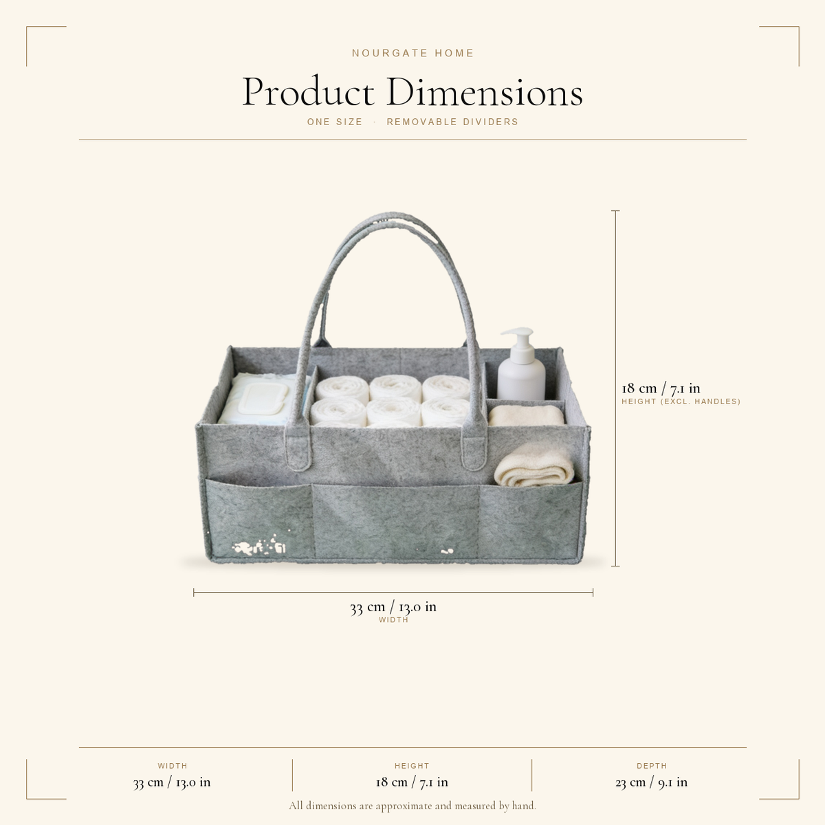 Product dimensions — Felt Diaper Caddy with Removable Dividers