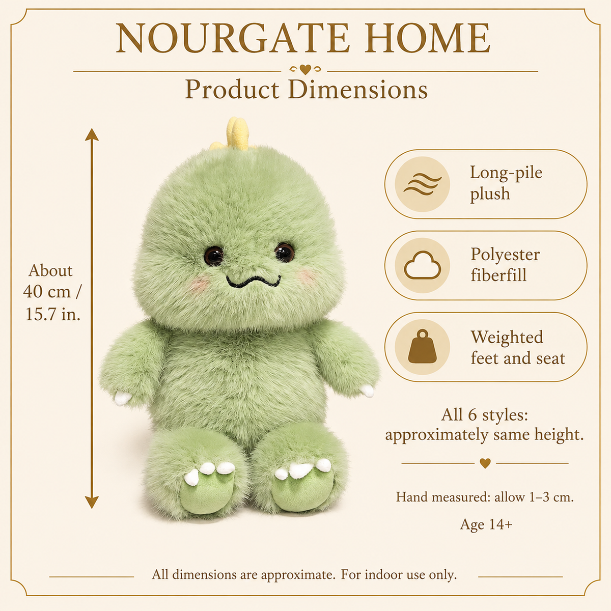 Fluffy stuffed animal dimensions: about 40 cm high for all six styles