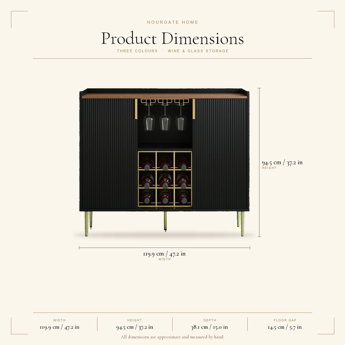 Product dimensions — Fluted Coffee Bar Cabinet with Wine Rack