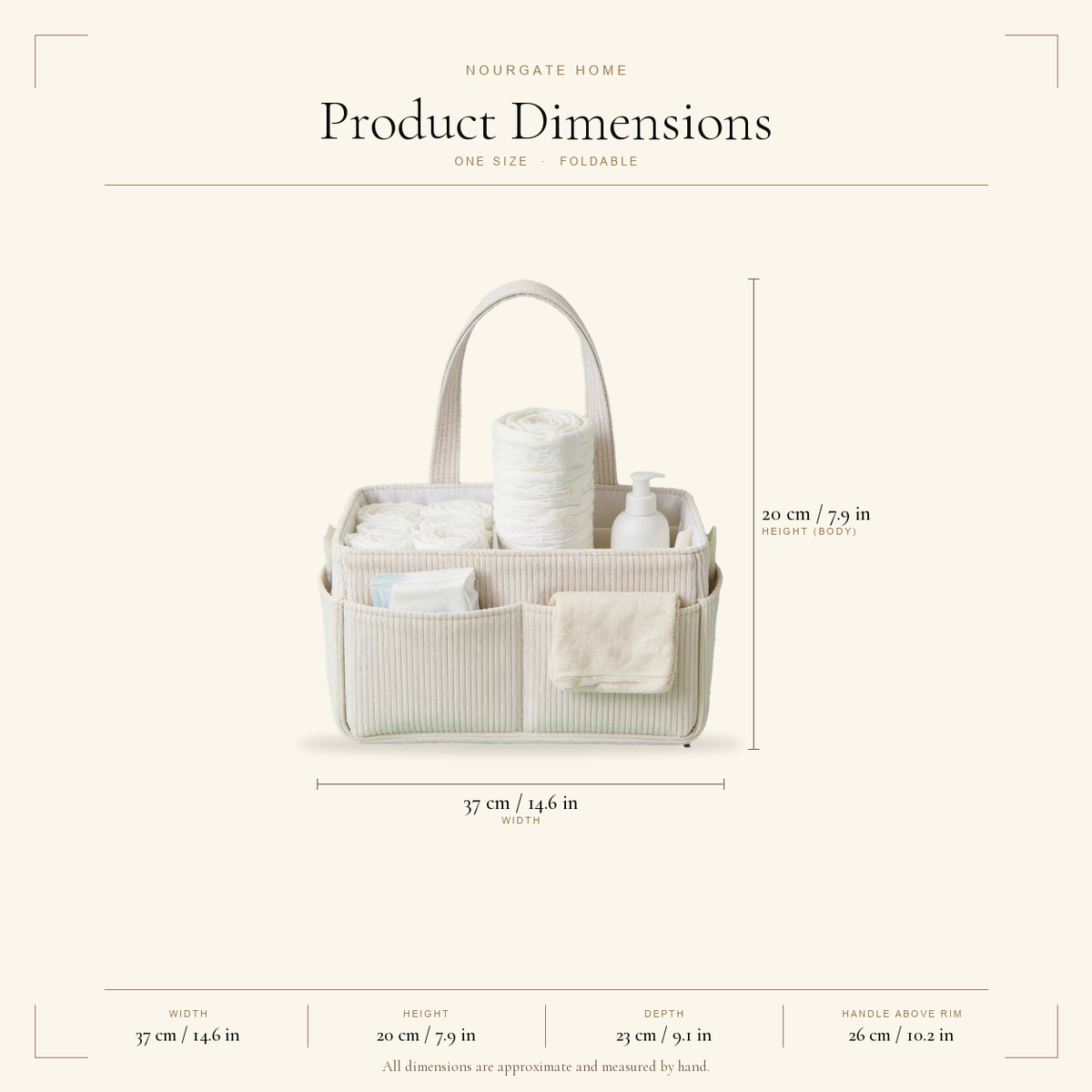 Product dimensions — Foldable Corduroy Diaper Caddy Organizer