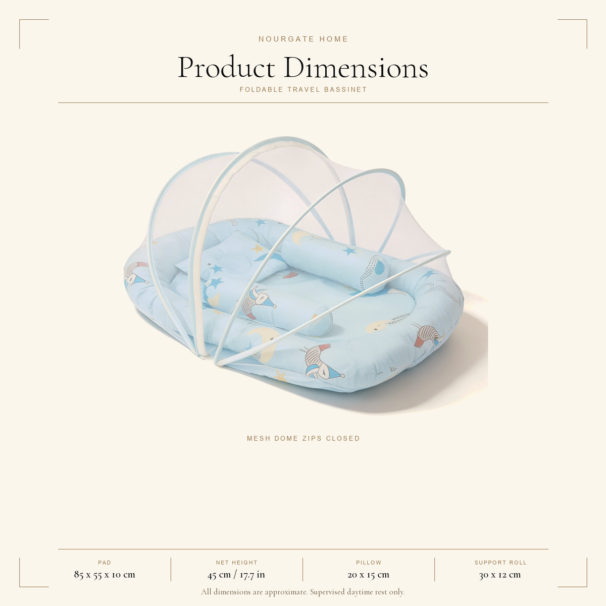 Product dimensions diagram — Foldable Travel Bassinet with Mosquito Net