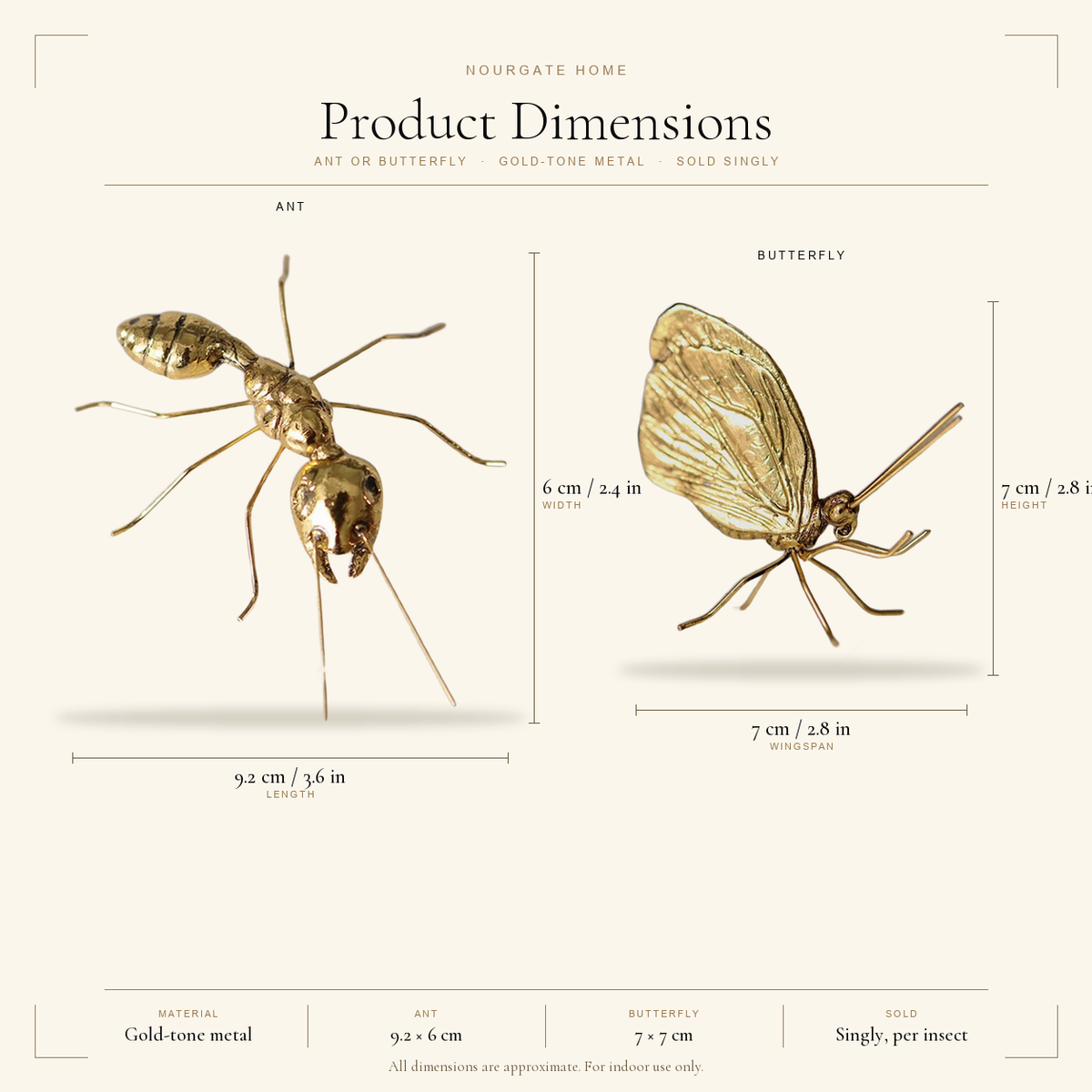 Product dimensions diagram — Gold Metal Insect Figurine, Ant or Butterfly