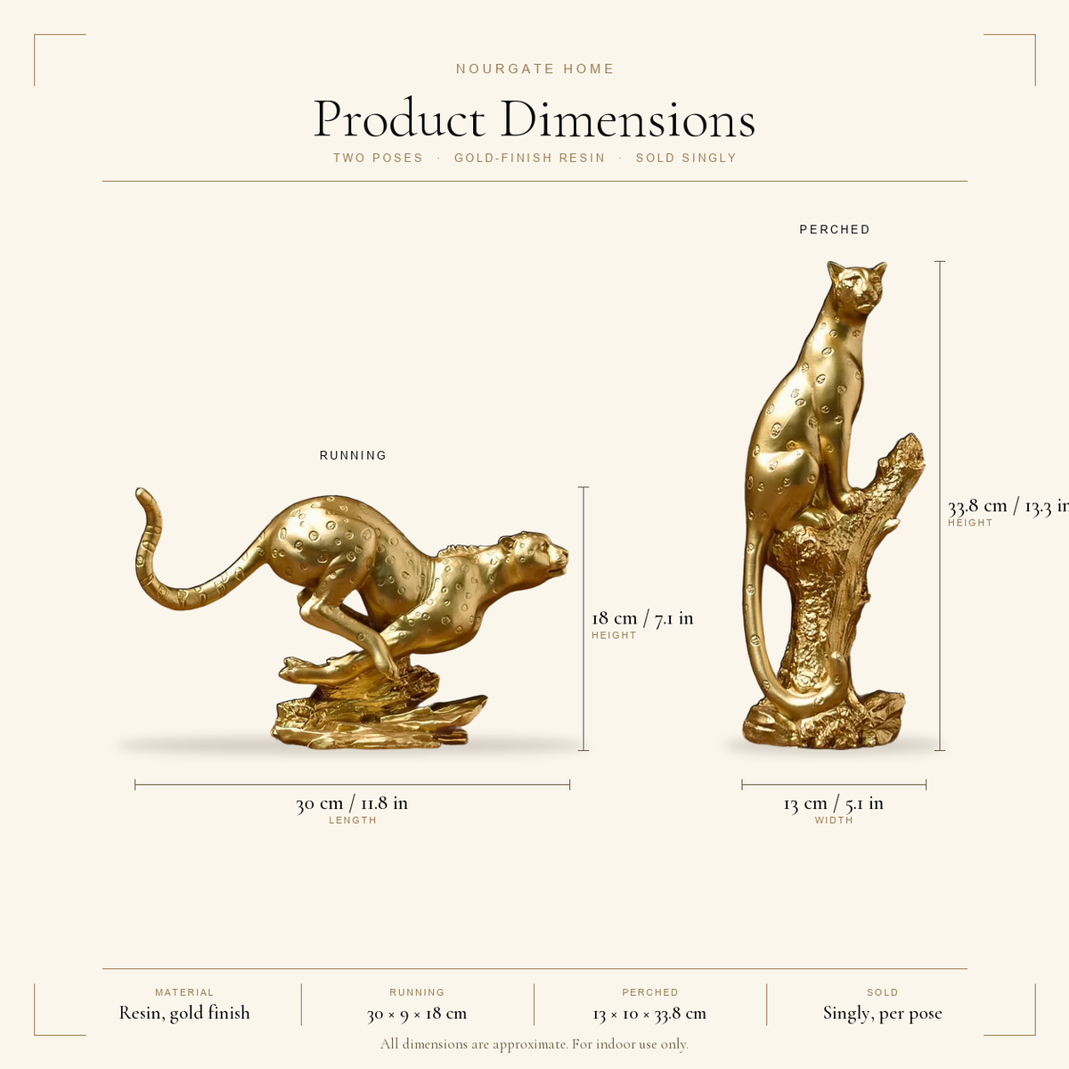 Product dimensions diagram — Gold Resin Leopard Statue