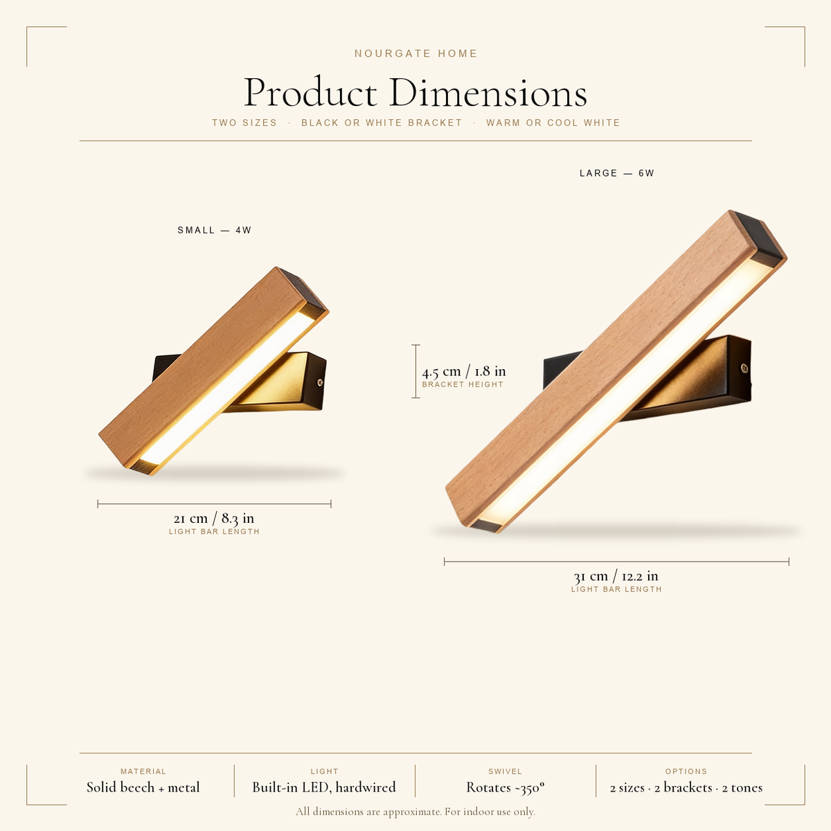 Product dimensions diagram — Hardwired Solid Wood Swivel Wall Sconce