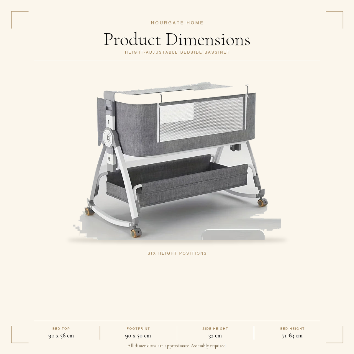 Product dimensions diagram — Height-Adjustable Rocking Bedside Bassinet