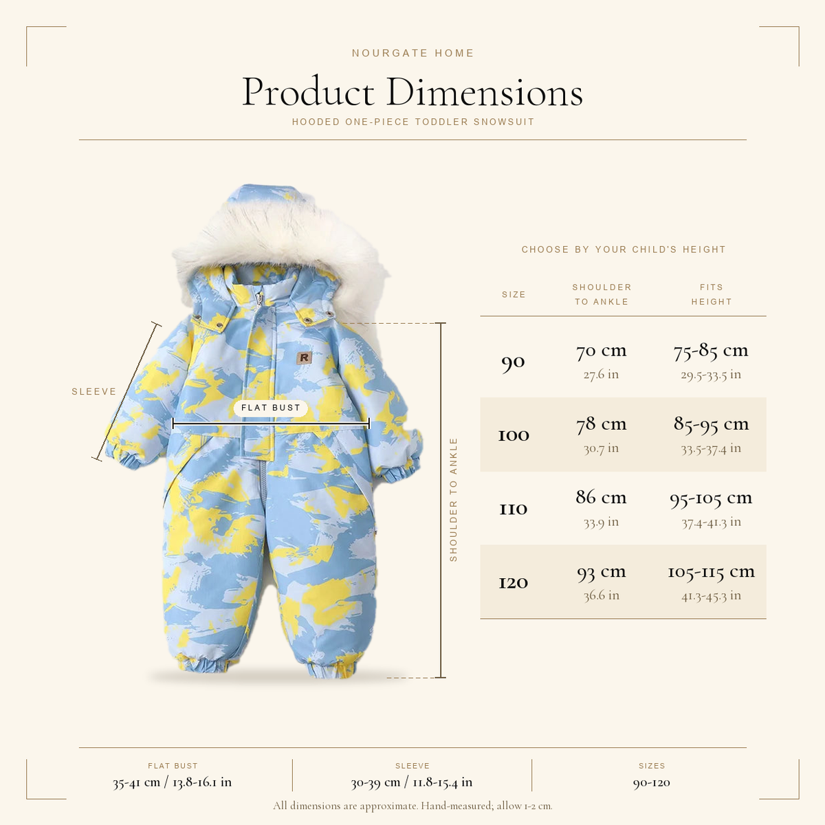 Product dimensions diagram — Hooded One-Piece Toddler Snowsuit