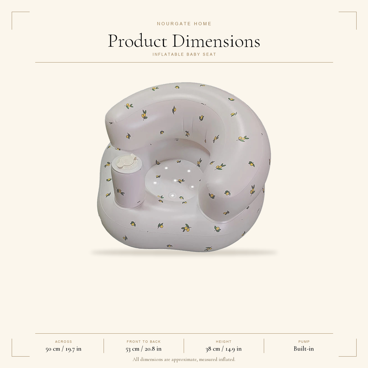 Product dimensions diagram — Inflatable Baby Seat with Built-In Pump