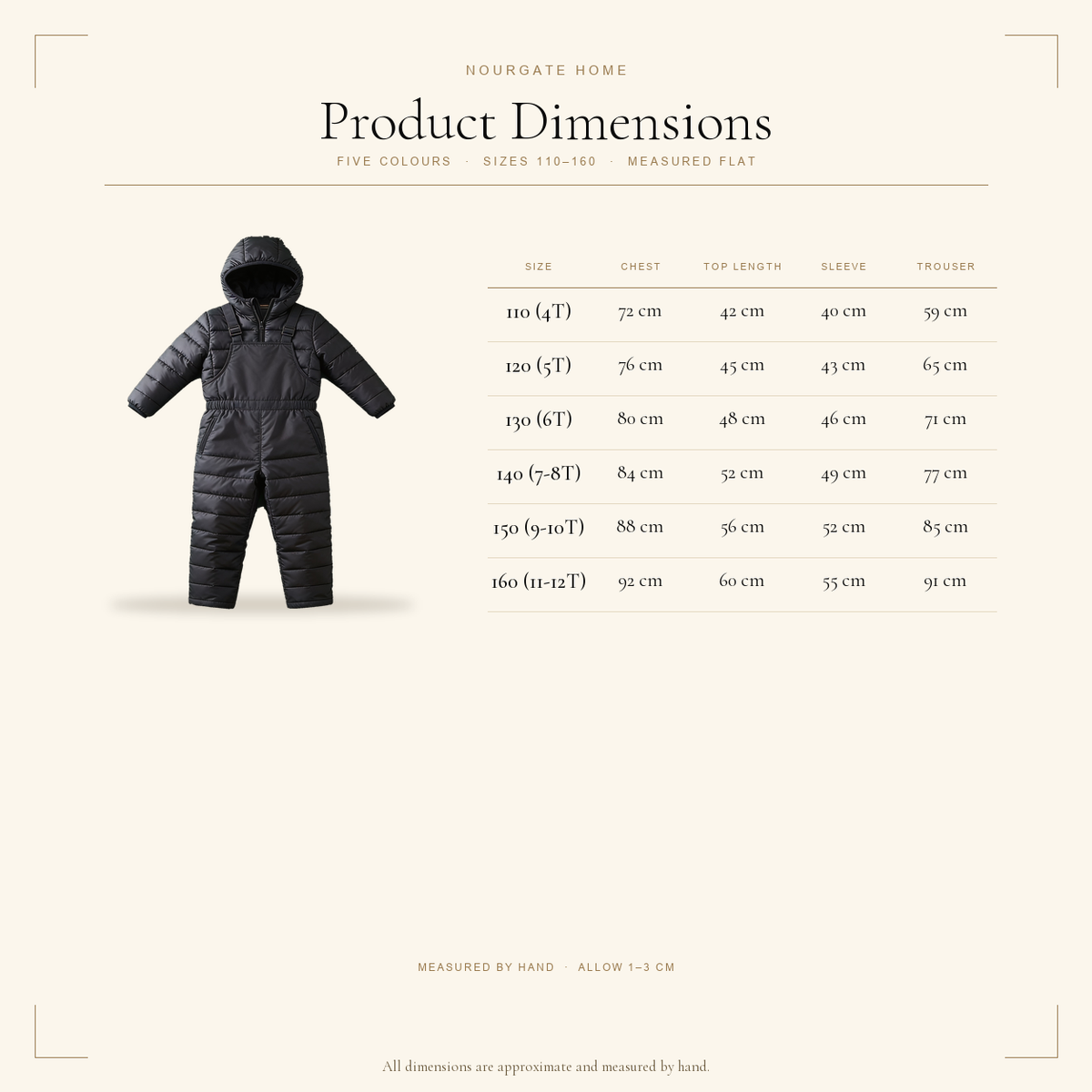 Product dimensions — Kids 2-Piece Hooded Snowsuit Set