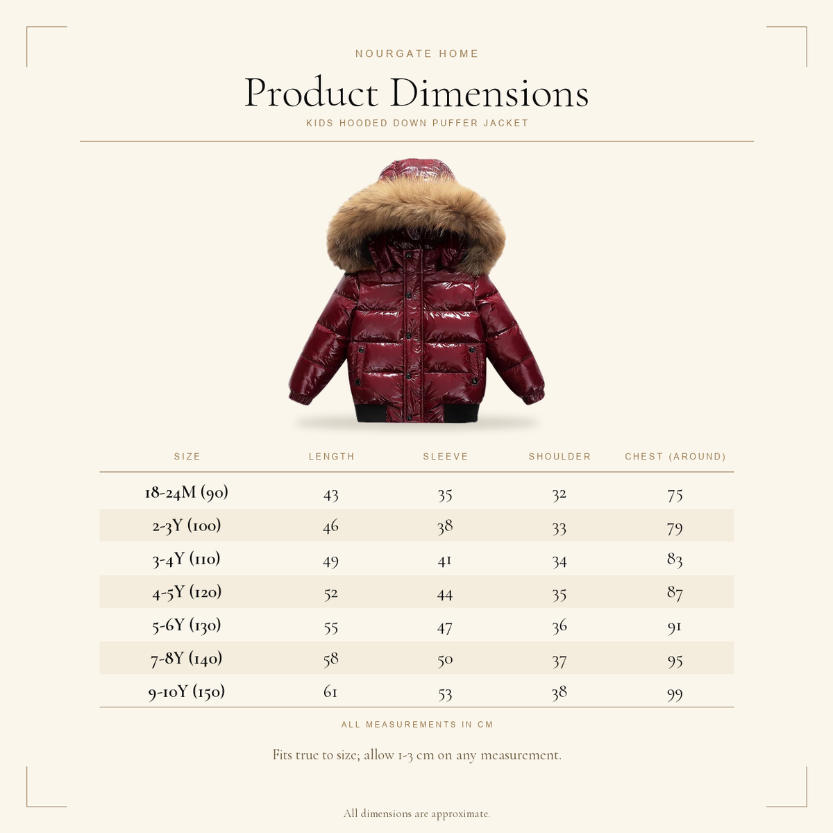 Product dimensions diagram — Kids Hooded Down Puffer Jacket
