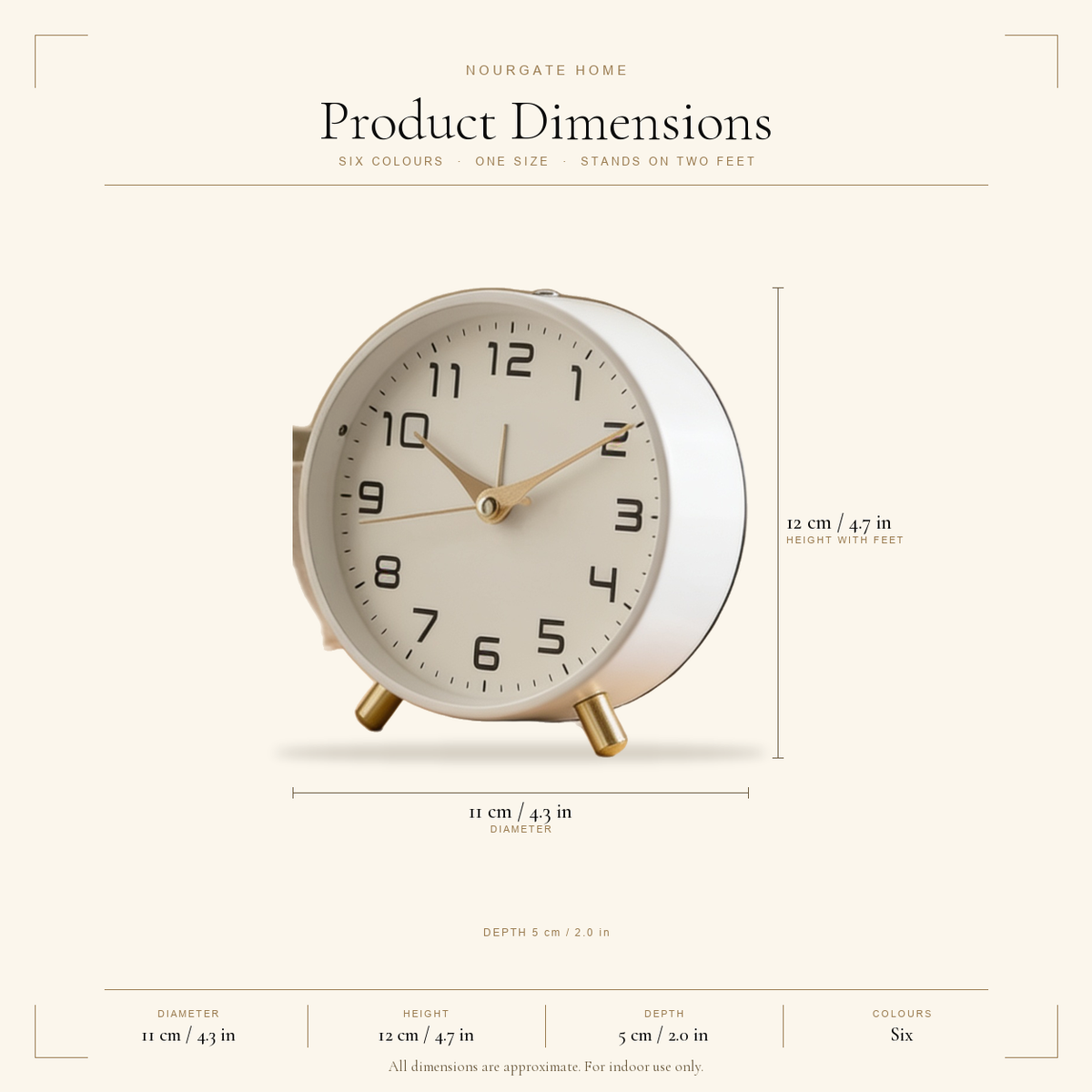 Product dimensions diagram — Metal Silent Analog Alarm Clock
