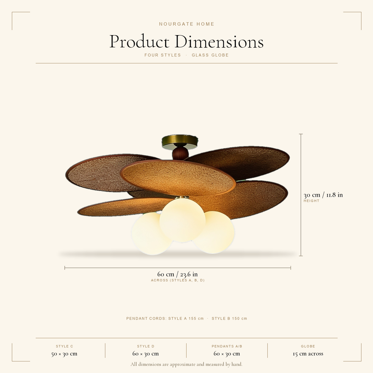 Product dimensions — Mid-Century Woven Leaf Ceiling Light
