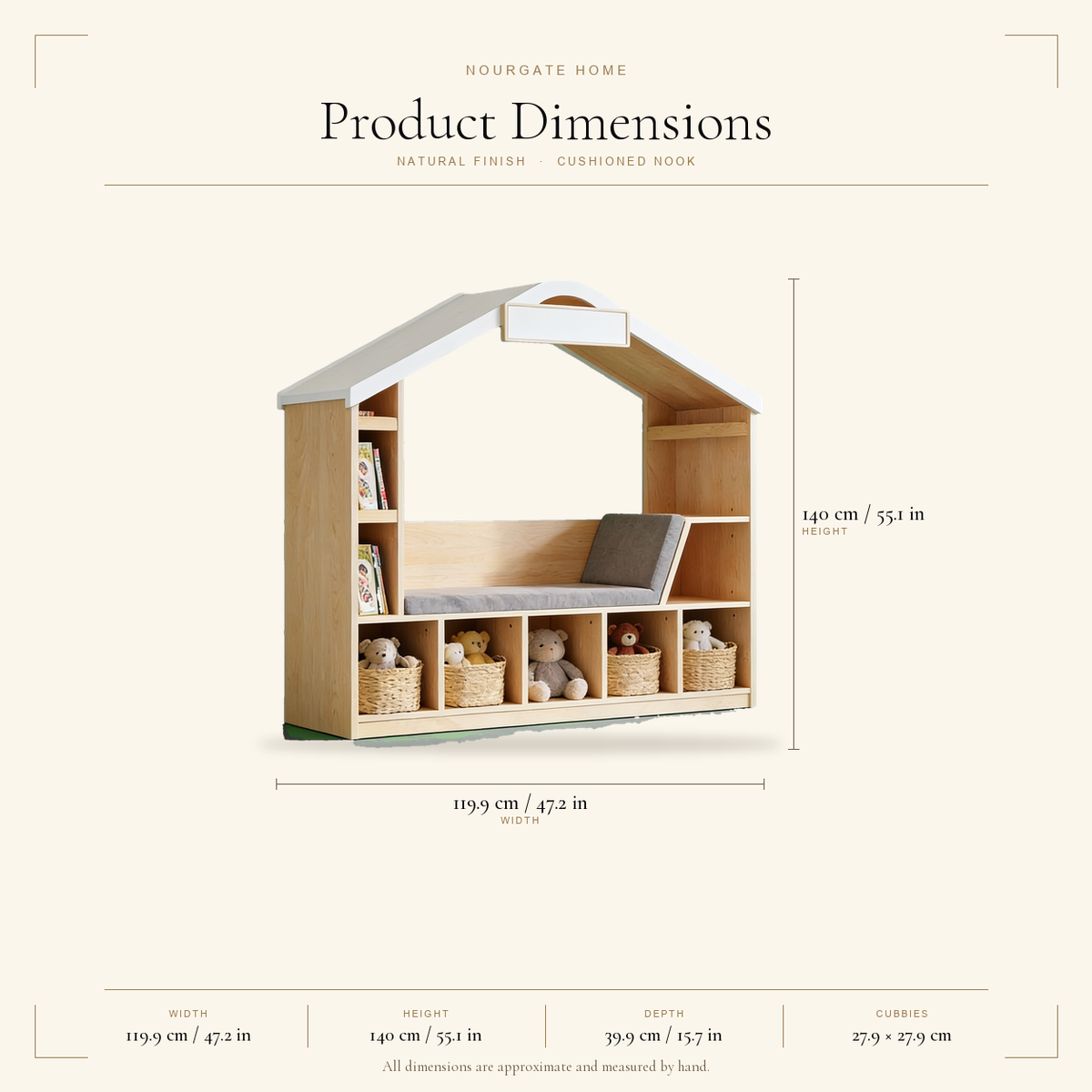Product dimensions — Natural Kids House Bookshelf with Reading Nook