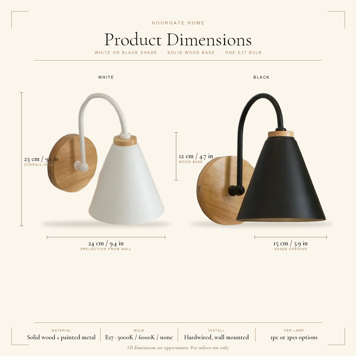 Product dimensions diagram — Nordic Wood & Metal Cone Wall Sconce