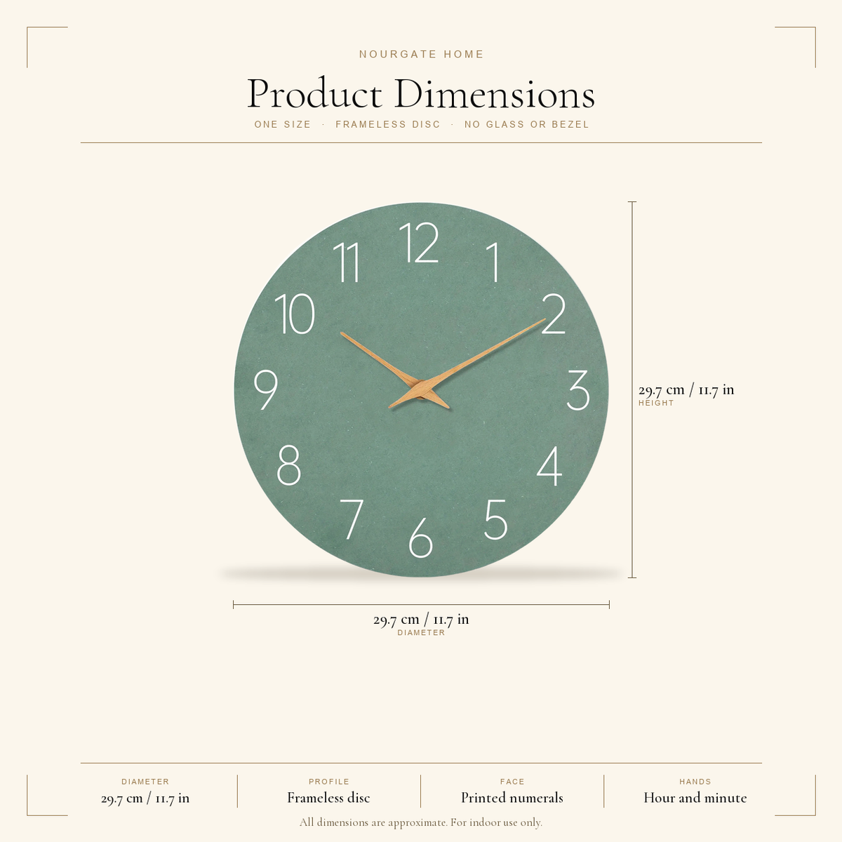 Product dimensions diagram — Olive Green Minimalist Wall Clock