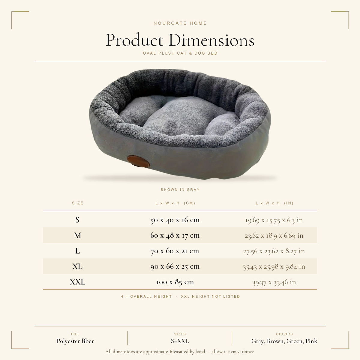 Product dimensions diagram — Oval Plush Cat & Dog Bed