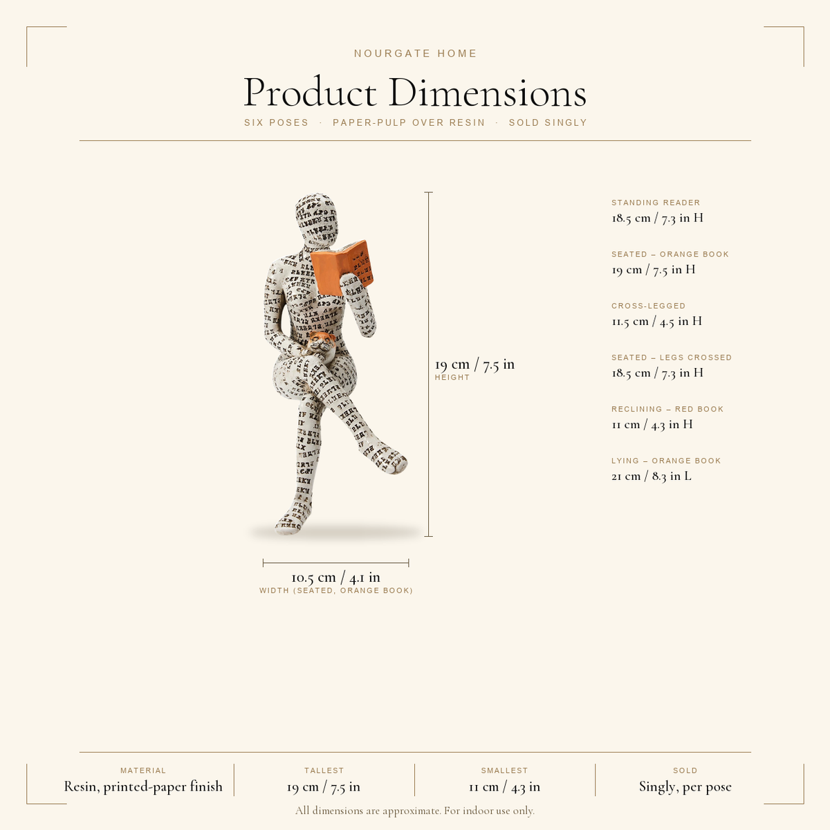 Product dimensions diagram — Paper-Pulp Reading Figurine