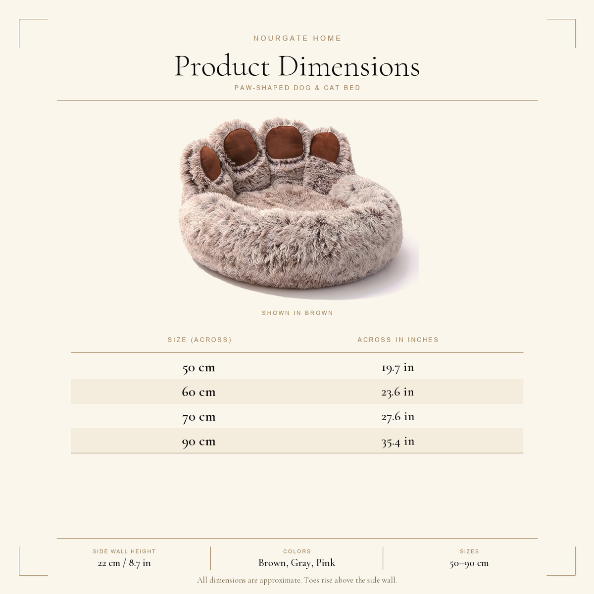 Product dimensions diagram — Paw-Shaped Dog & Cat Bed