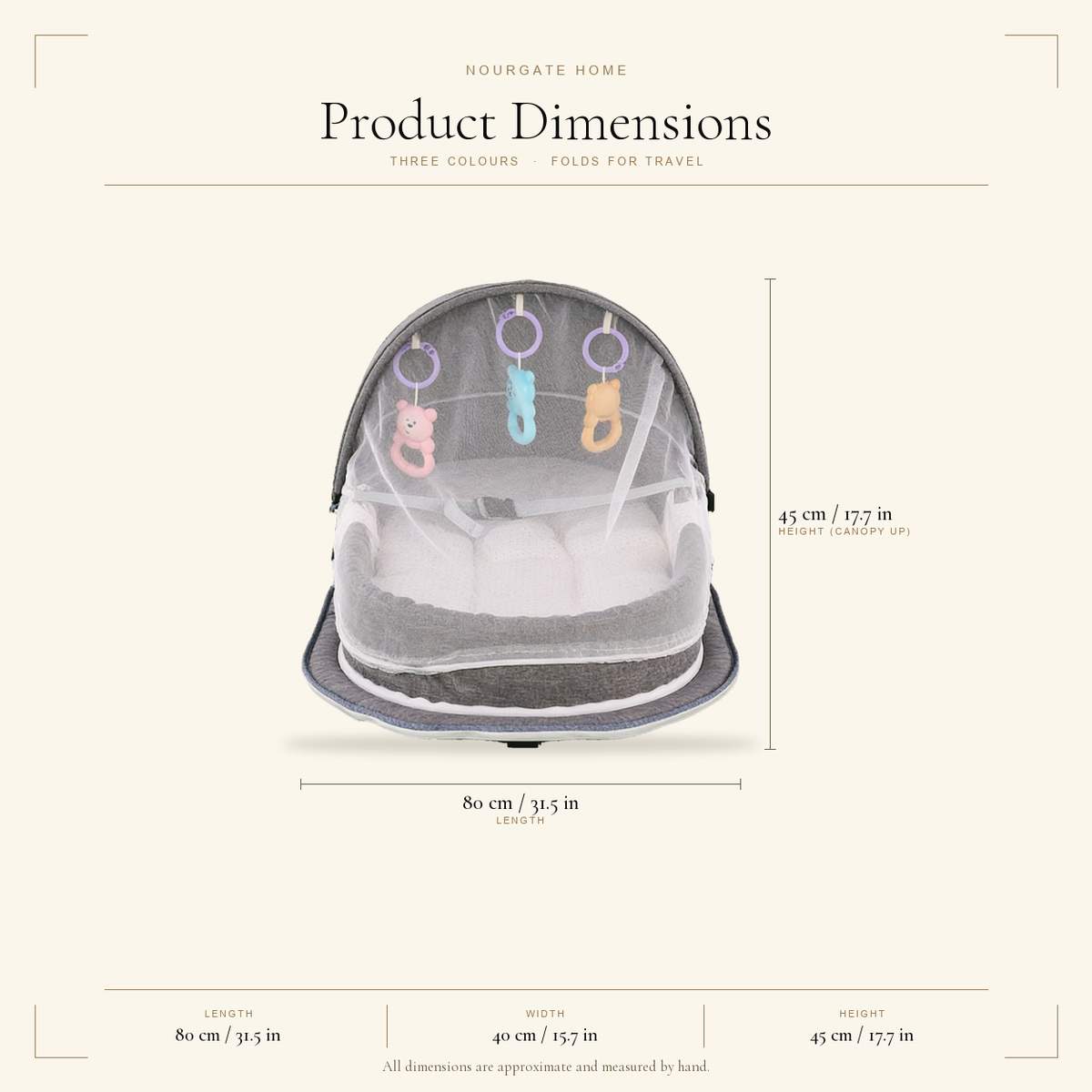 Product dimensions — Portable Travel Bassinet with Sunshade & Toys