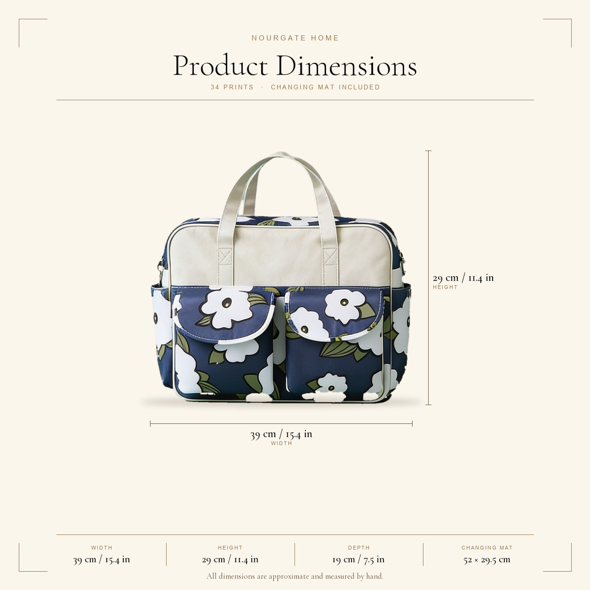 Product dimensions — Printed Diaper Tote Bag with Changing Pad
