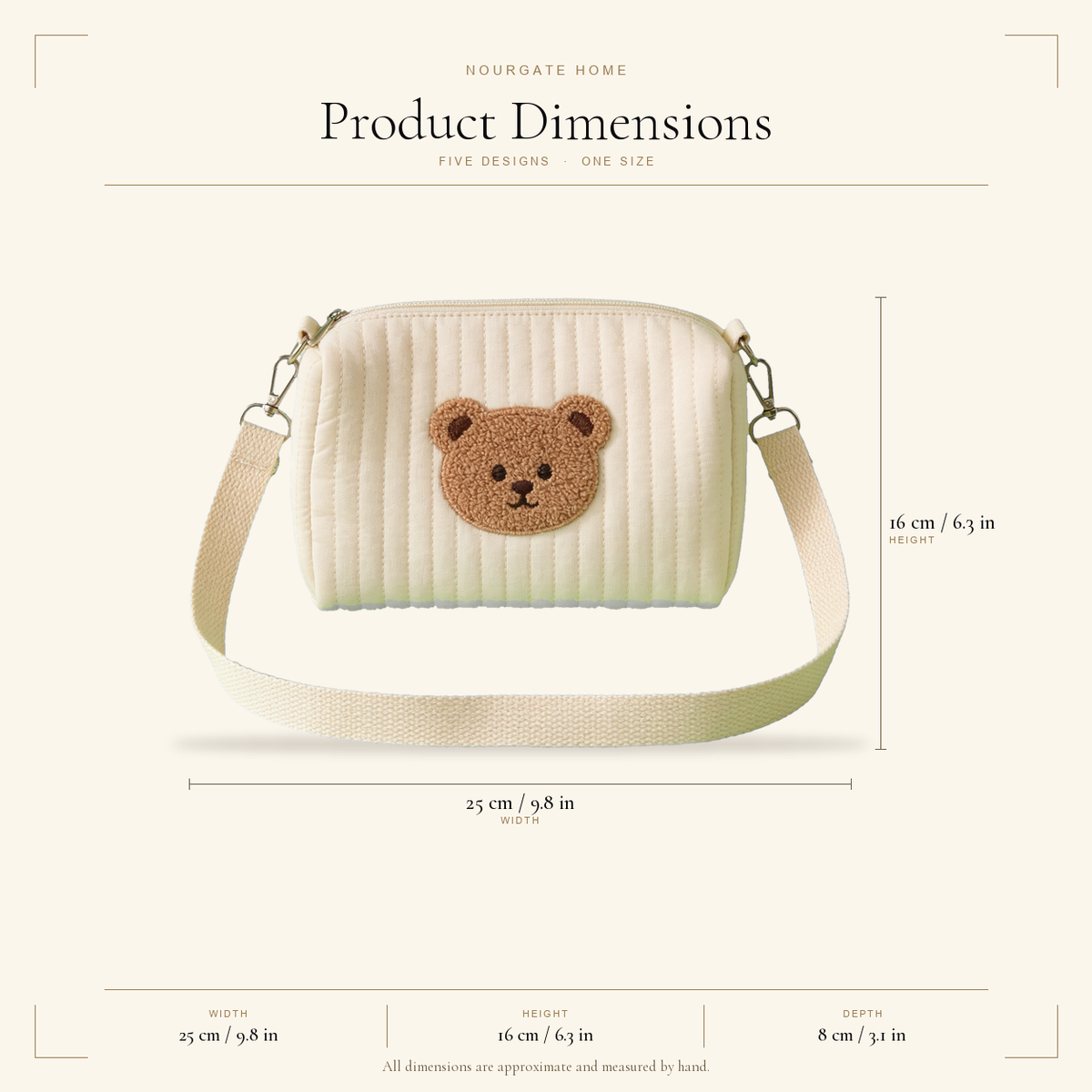 Product dimensions — Quilted Cotton Diaper Pouch with Stroller Strap
