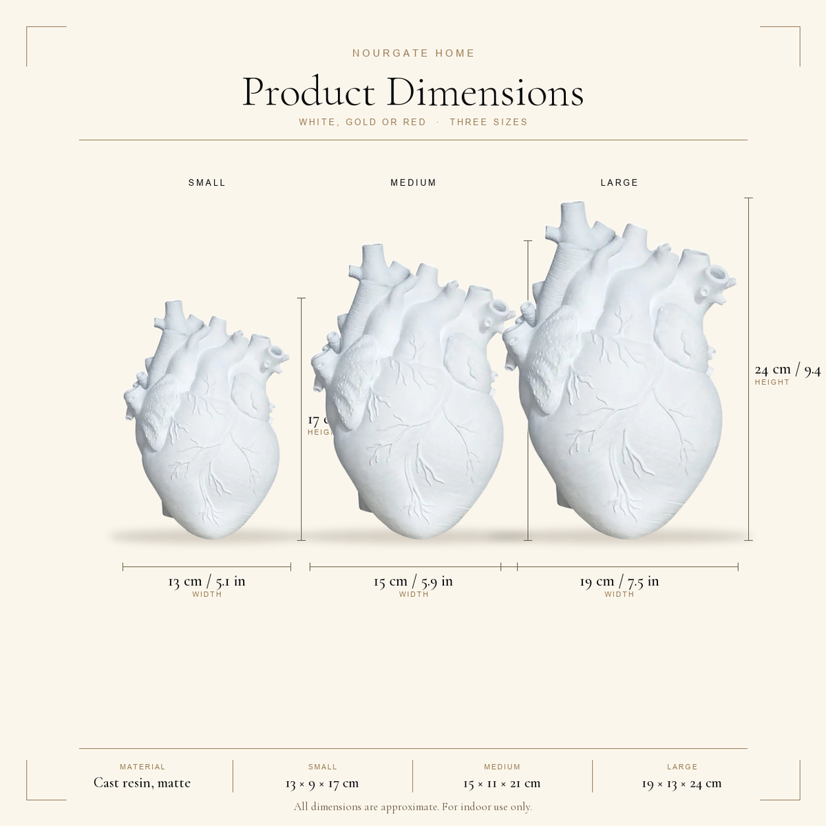 Product dimensions diagram — Resin Anatomical Heart Vase