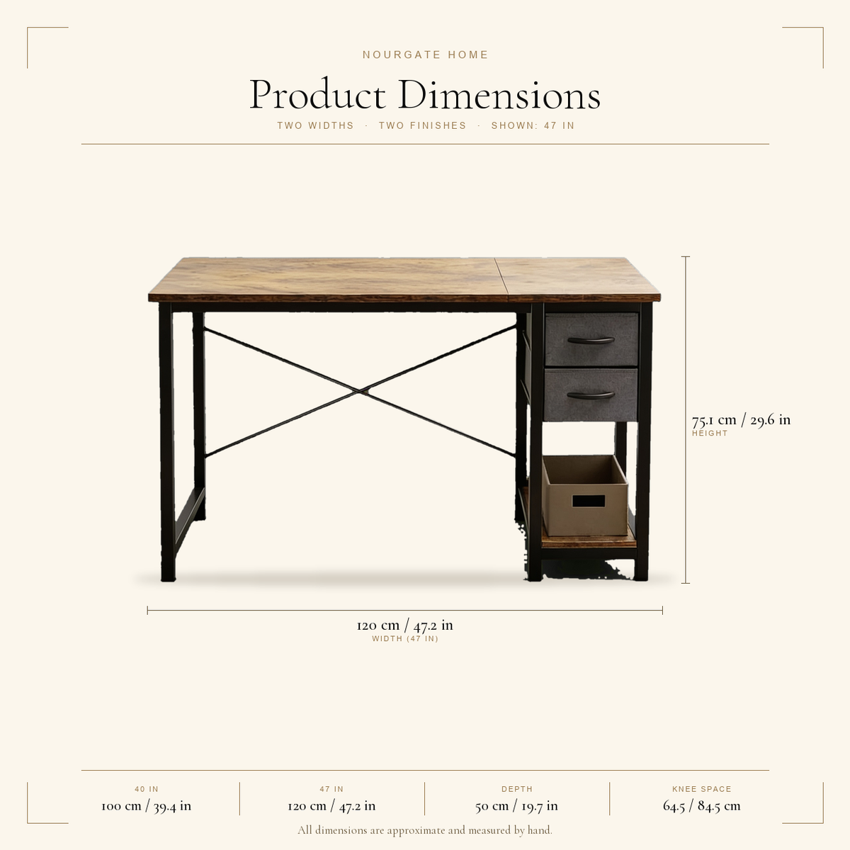 Product dimensions — Reversible Computer Desk with Fabric Drawers