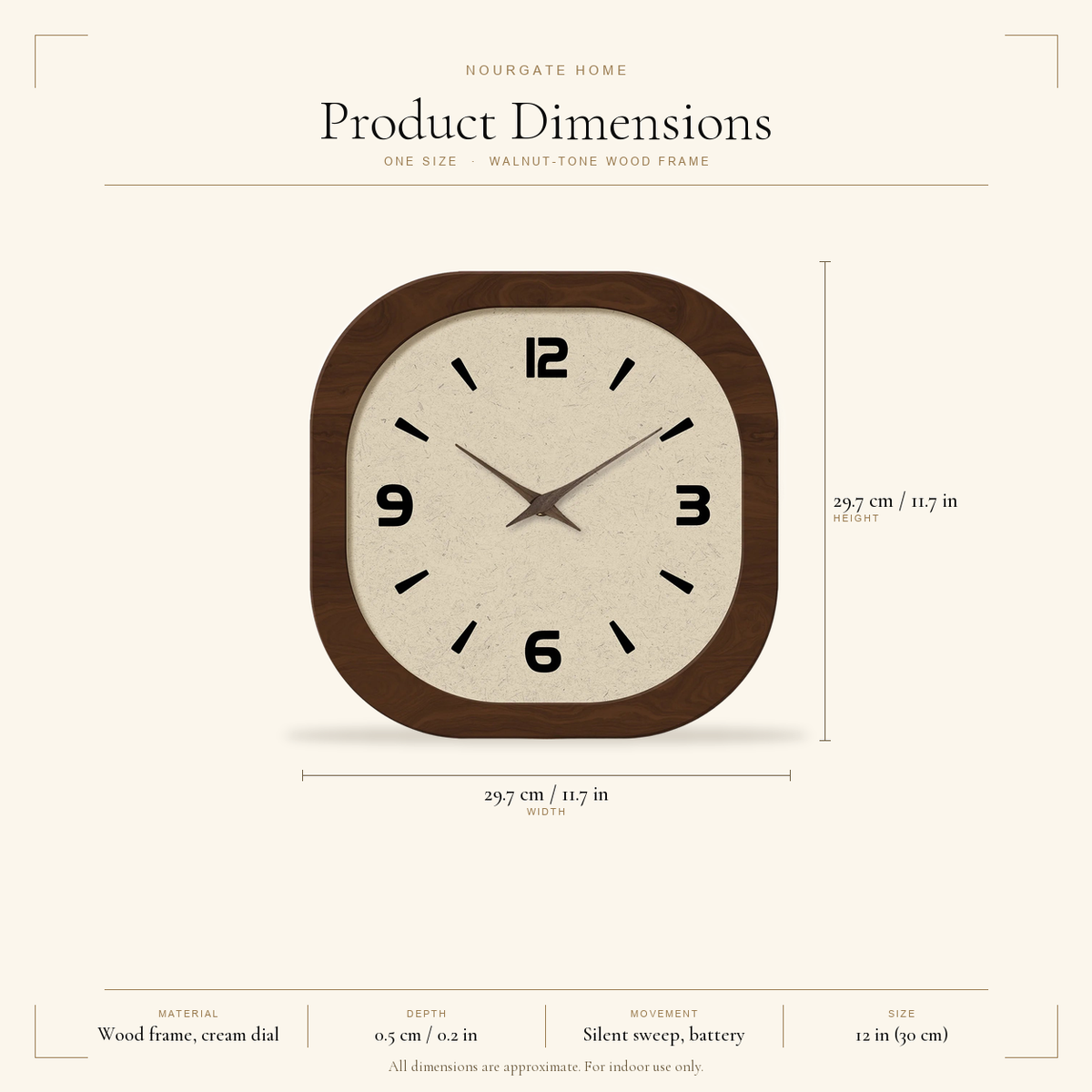 Product dimensions diagram — Rounded Square Wood Wall Clock