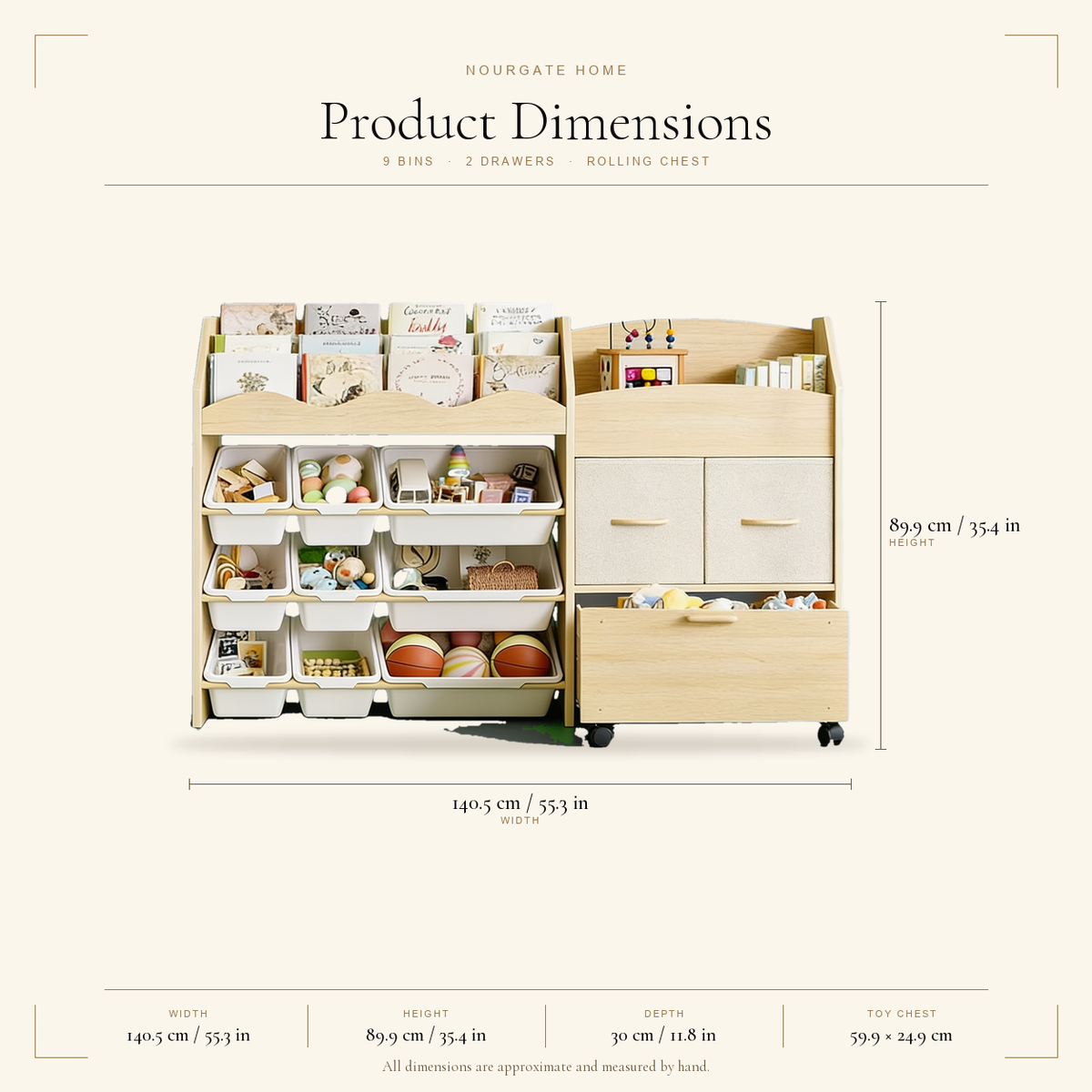 Product dimensions — Scalloped Toy Storage Organizer with 9 Bins