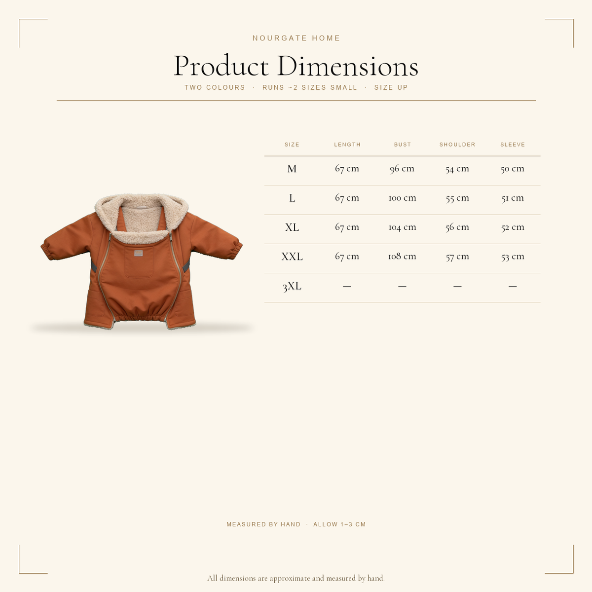 Product dimensions — Sherpa-Lined Maternity Babywearing Jacket