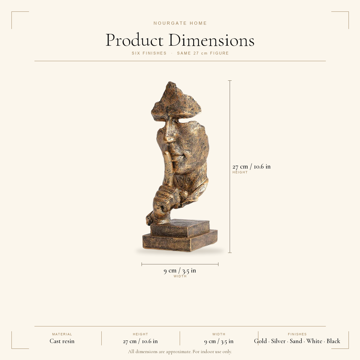 Product dimensions diagram — Silence Is Golden Thinker Statue