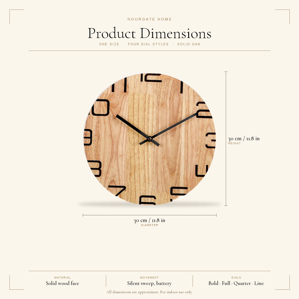 Product dimensions diagram — Silent Natural Wood Wall Clock