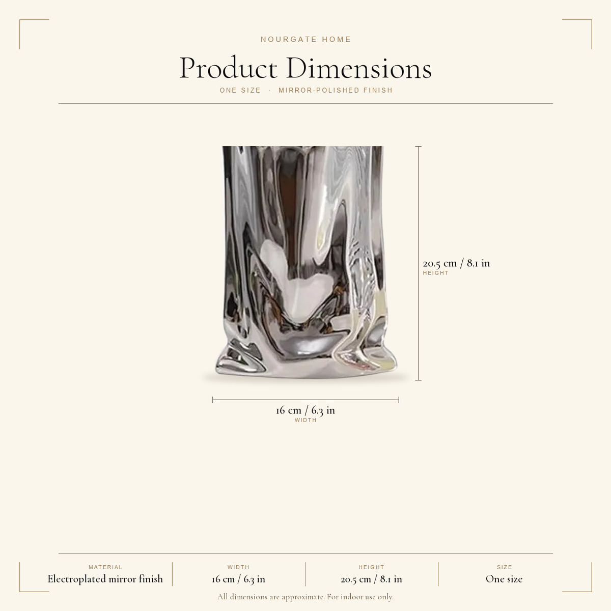 Product dimensions diagram — Silver Crinkle Paper-Bag Vase