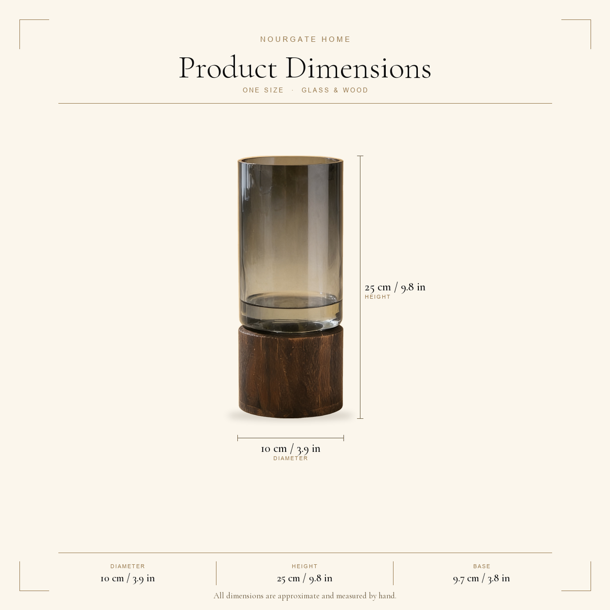 Product dimensions — Smoked Glass Vase with Wood Base
