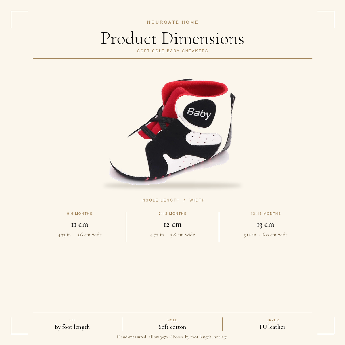 Product dimensions diagram — Soft-Sole Non-Slip Baby Sneakers