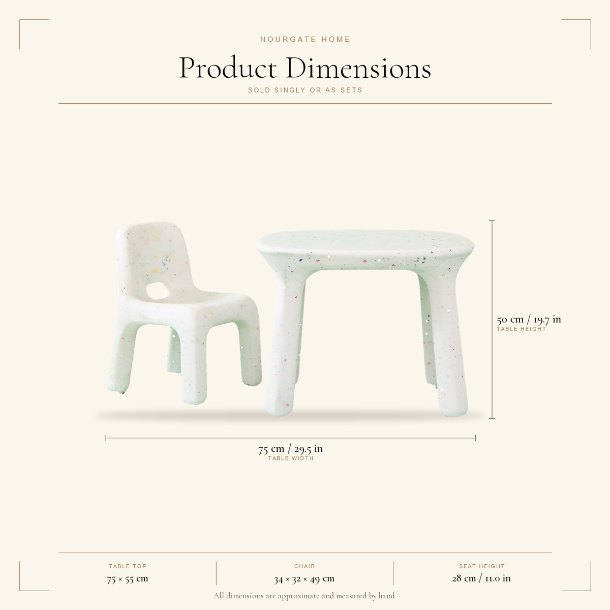 Product dimensions — Speckled Indoor-Outdoor Kids Table & Chairs
