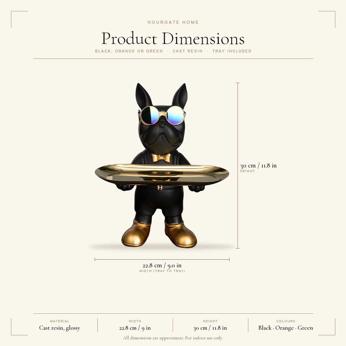 Product dimensions diagram — Standing French Bulldog Butler Statue