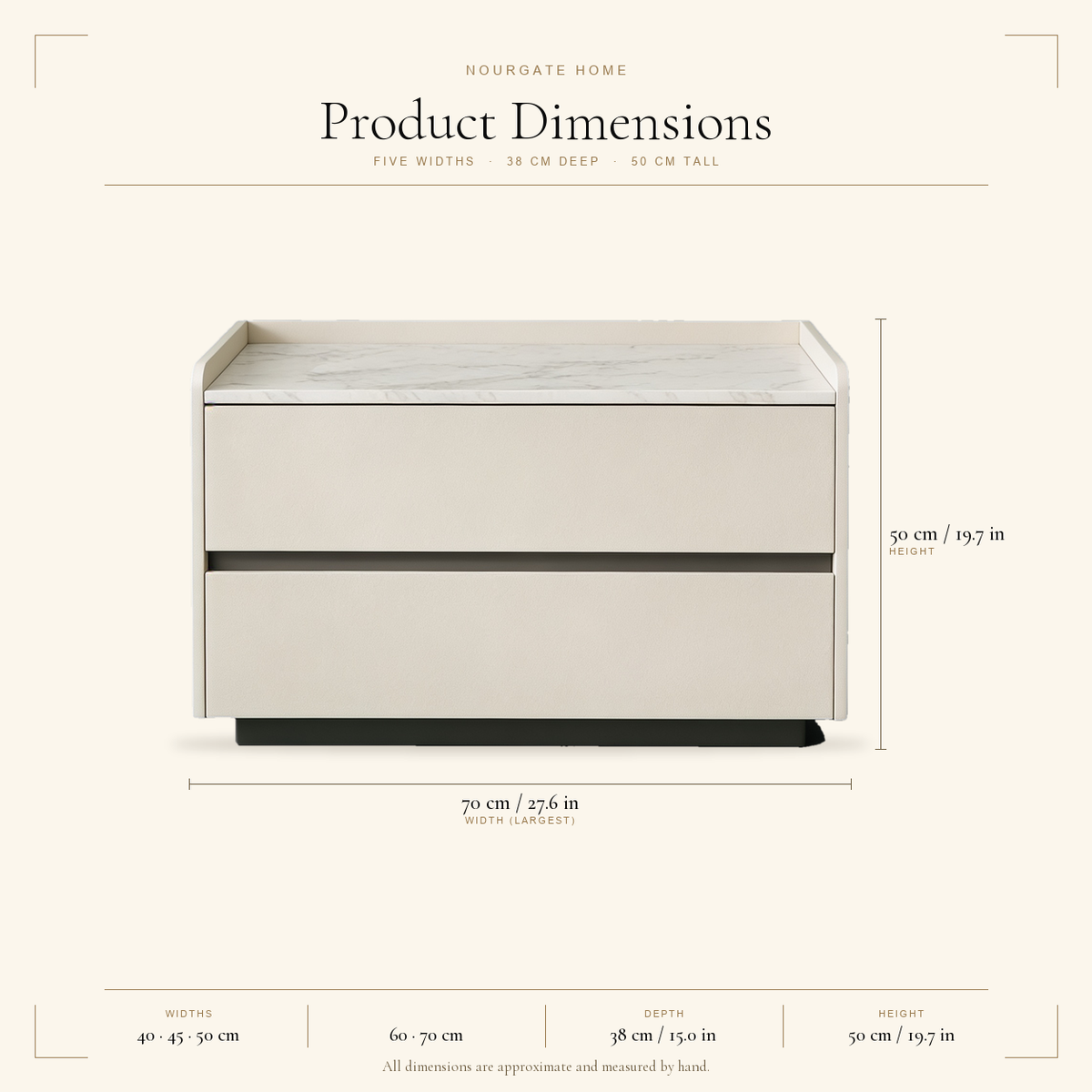 Product dimensions — Stone Top Faux Leather 2-Drawer Nightstand