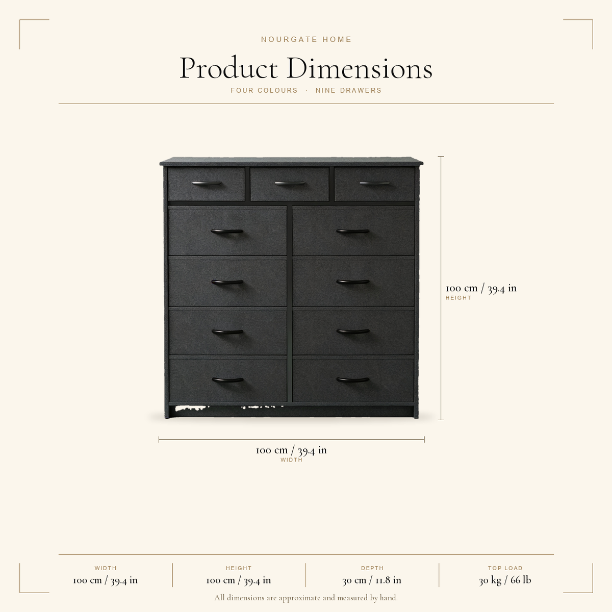 Product dimensions — Tall 9-Drawer Fabric Dresser with Steel Frame